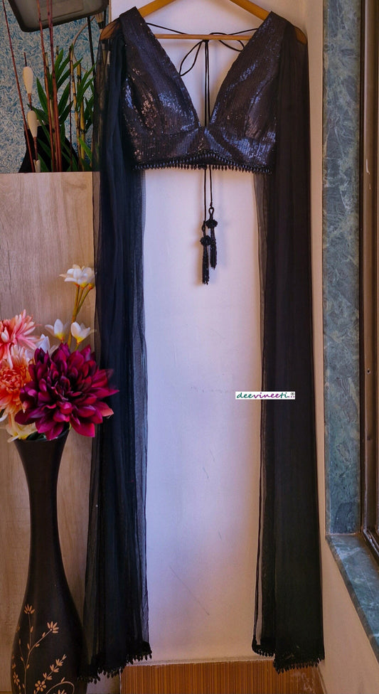 Black Sequins Embroidered Plunge Neck Cape Blouse DVBL_342