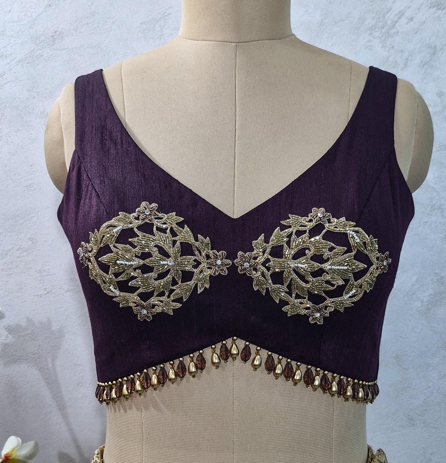 Hand Embroidered Burgundy Wine Raw Silk Blouse DVBL_432