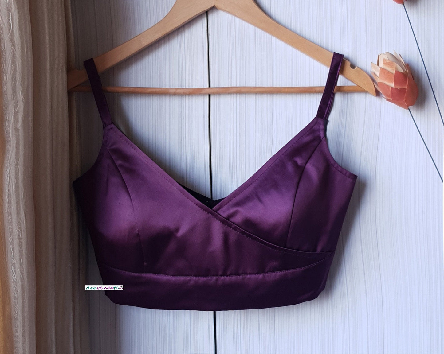 Wine Satin Blouse V Neck DVBL_248