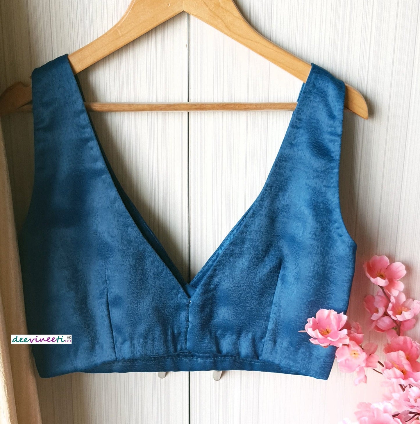 Blue Velvet Crepe Sleeveless Cross Cut Deep V Neck Blouse DVBL_094