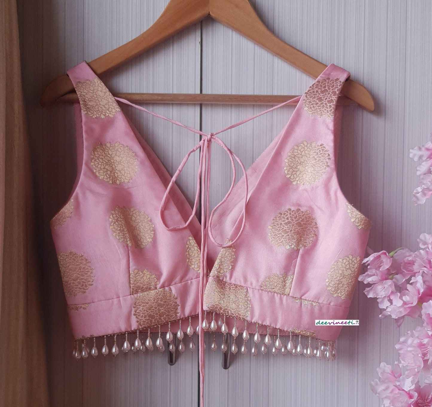Pink Brocade Silk Blouse V Neck DVBL_192