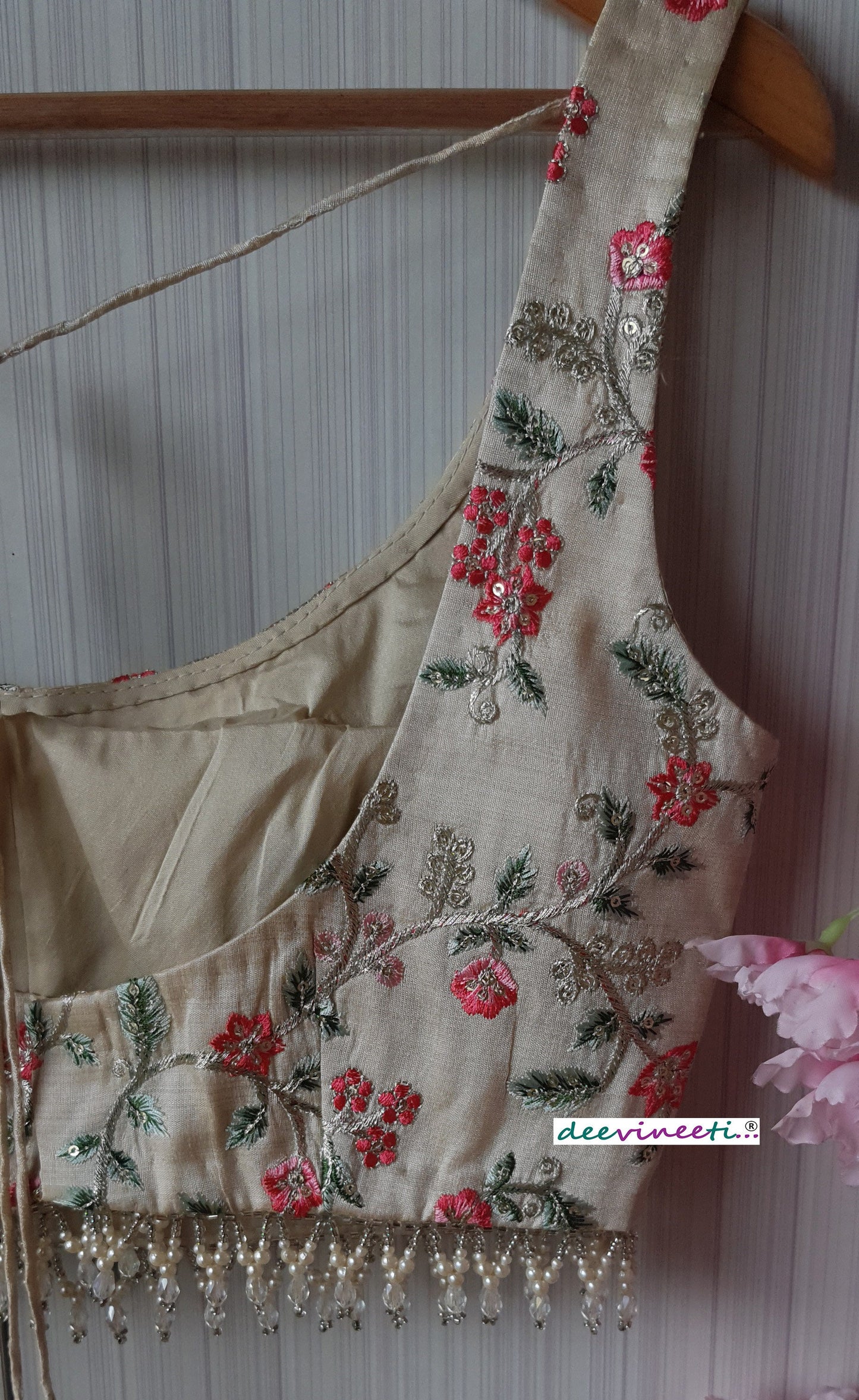 Cream Embroidered Silk U Neck  Blouse DVBL_191