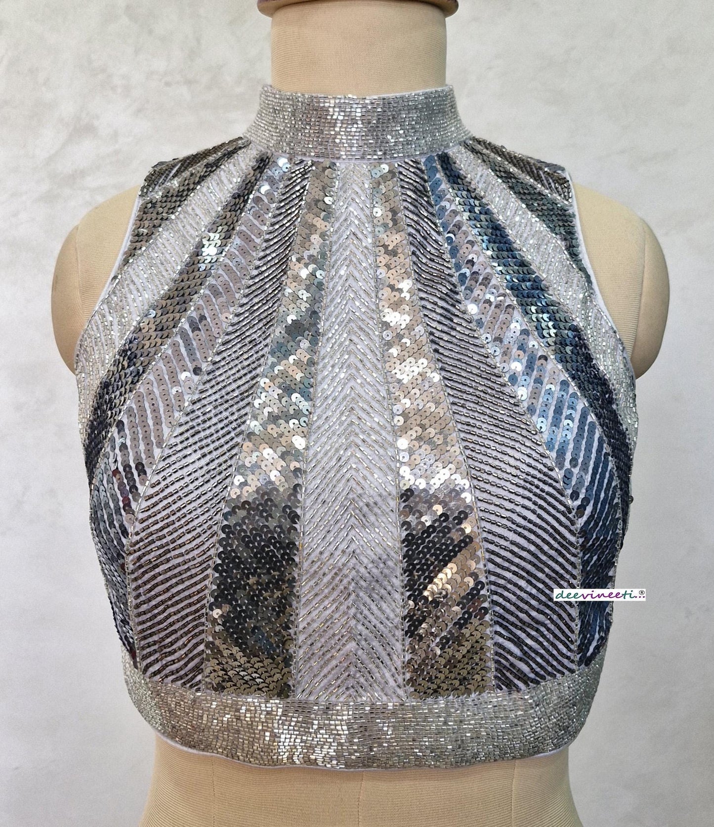 Hand Embroidered Grey Silver Blouse High Neck Sleeveless DVBL_398
