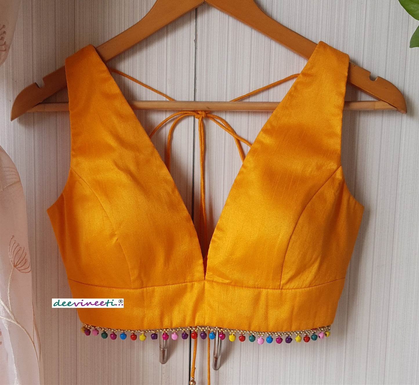 Amber Yellow Raw Silk Plunge Neckline Blouse with Multicolor Fringes DVBL_261