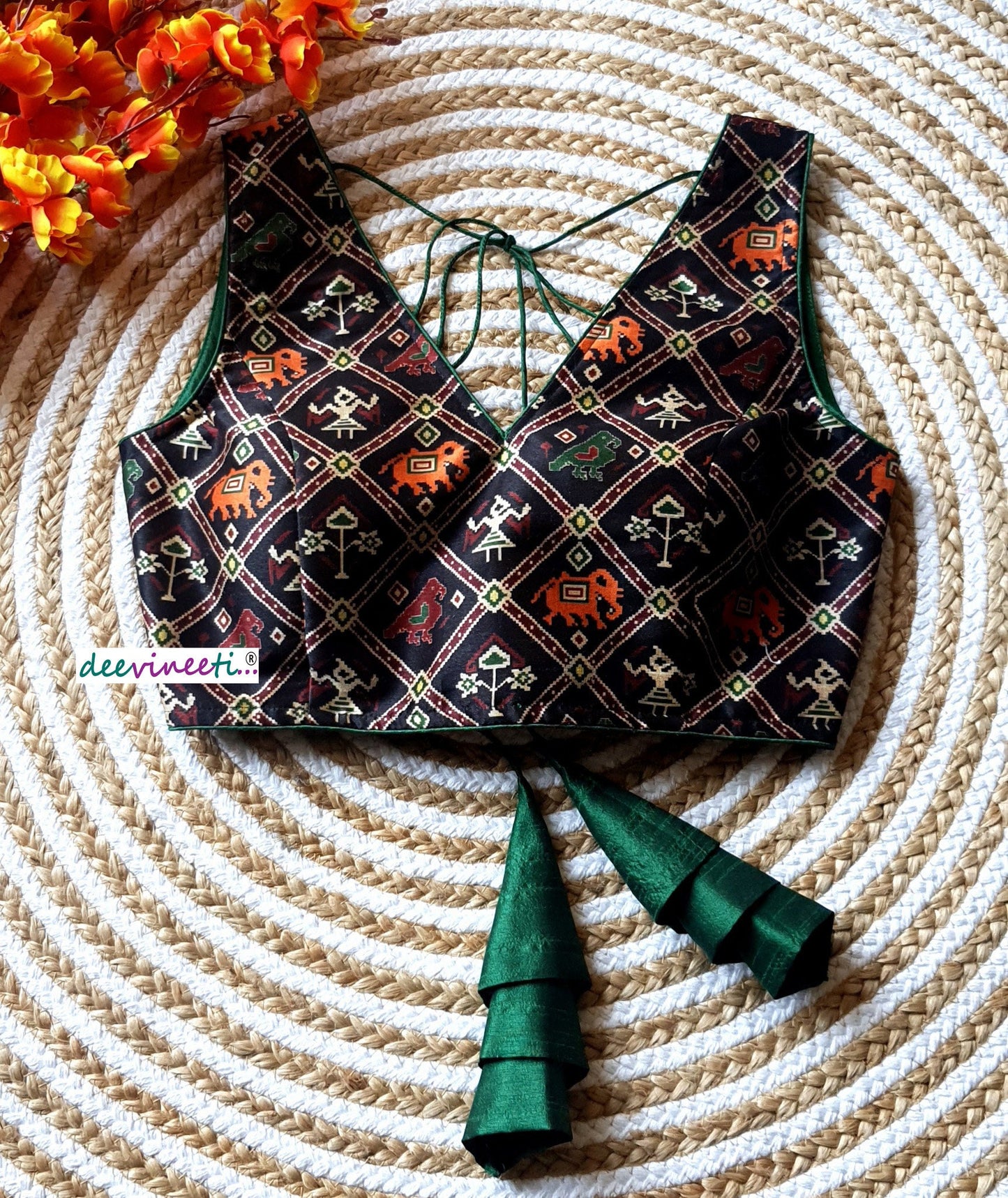 Black Printed Tussar Silk Sleeveless V Neck Blouse. DVBL_095