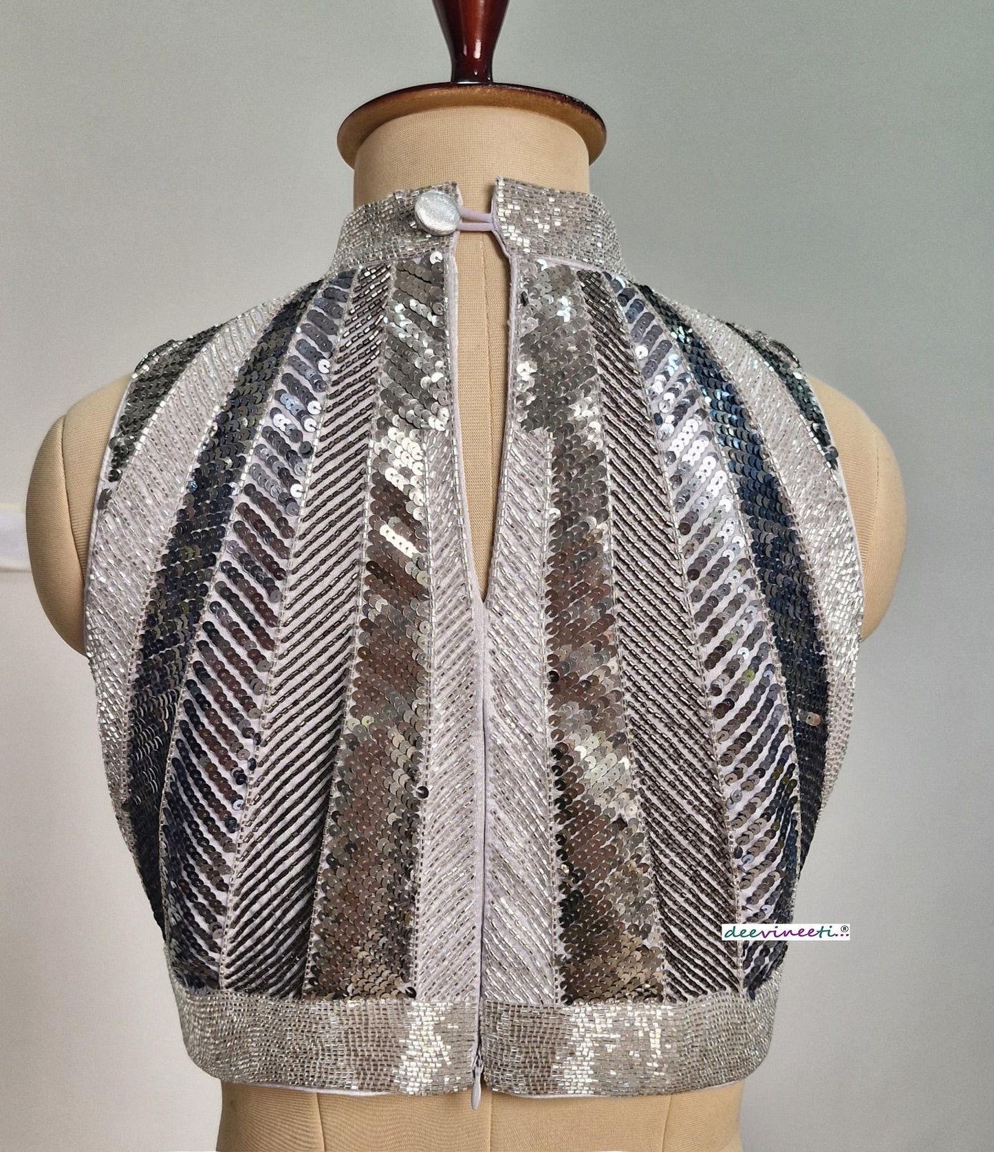 Hand Embroidered Grey Silver Blouse High Neck Sleeveless DVBL_398