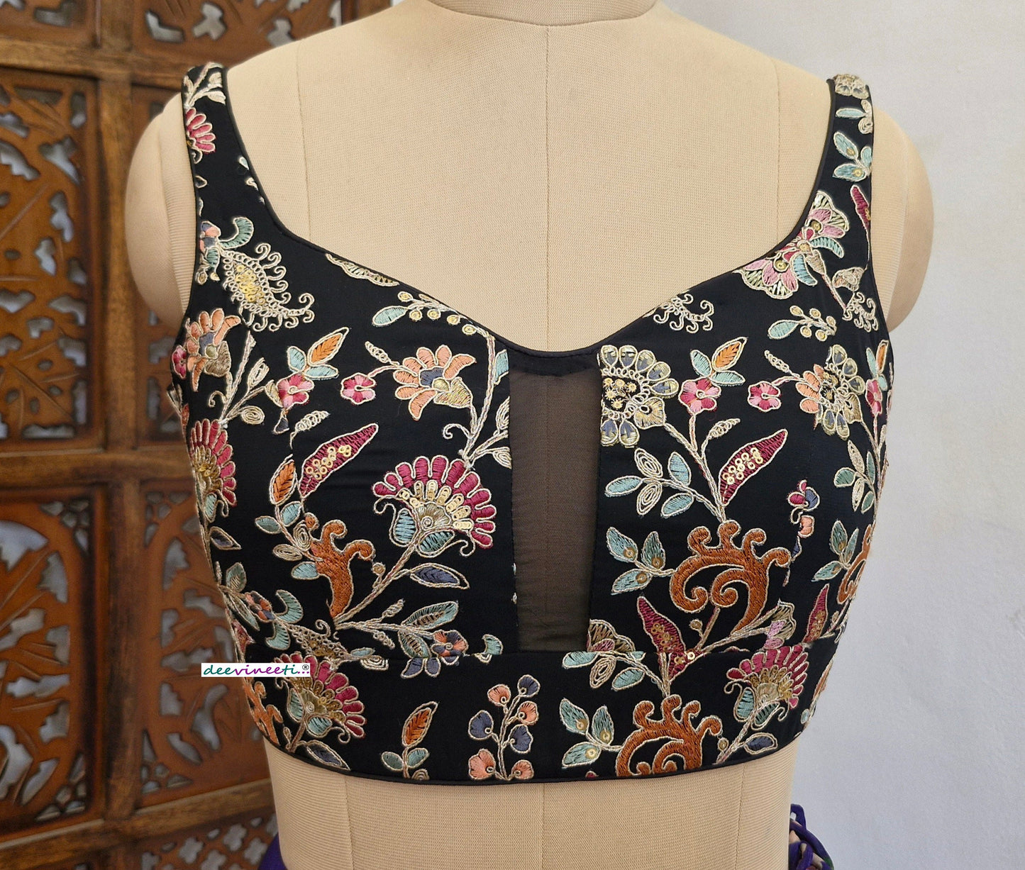 Black Embroidered  Sweetheart Neck Blouse DVBL_314