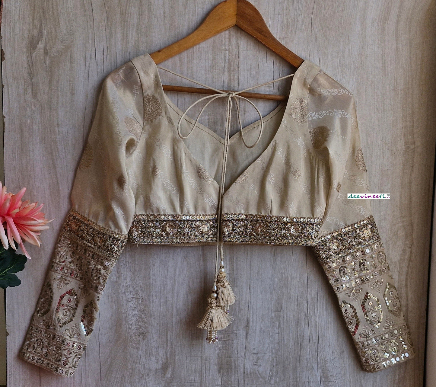 Light Beige Tissue Brocade Long Sleeves Blouse  DVBL_323
