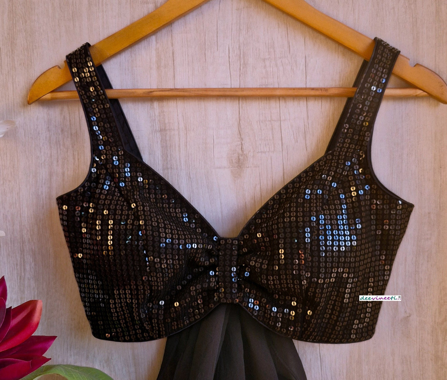 Black Sequins Embroidered Sweetheart Neck Tie Blouse DVBL_341