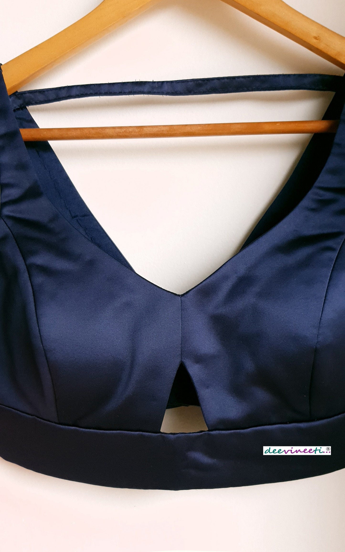 Navy Blue Satin Blouse Deep V Neck Sleeveless DVBL_270