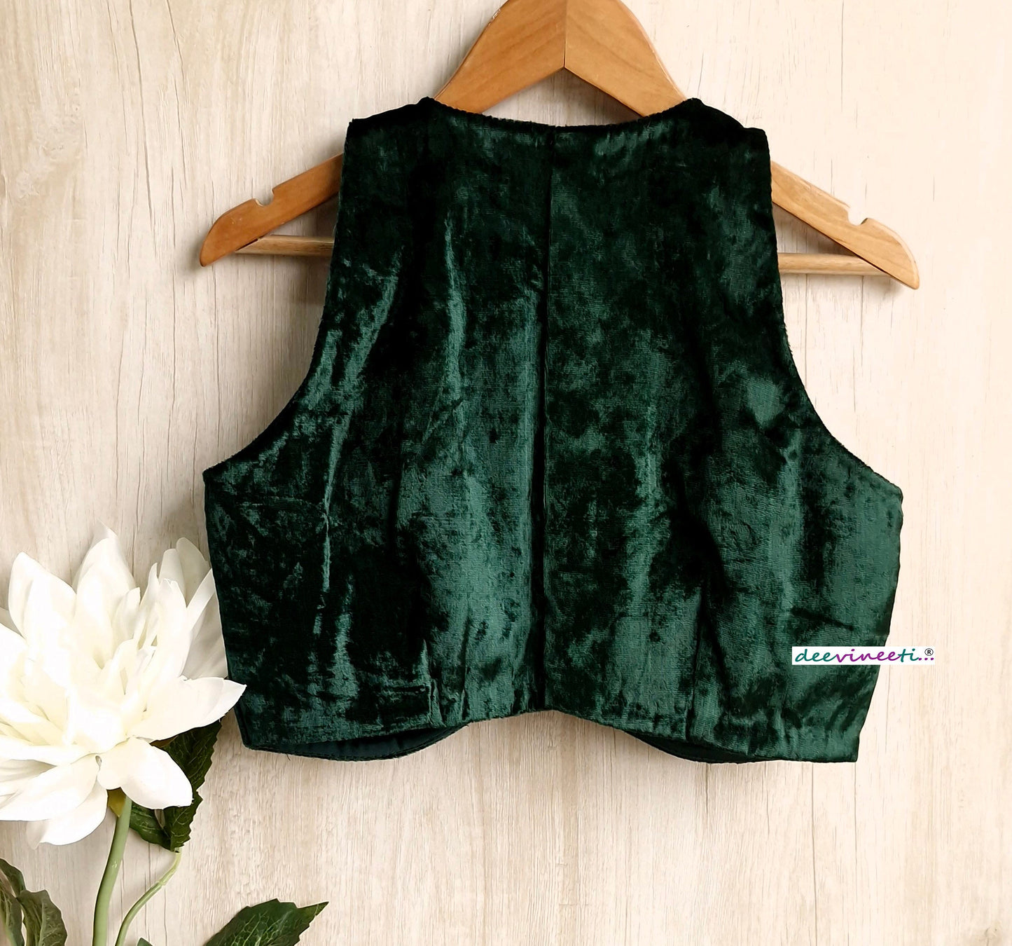 Bottle Green Viscose Velvet Jewel Neck Blouse DVBL_325