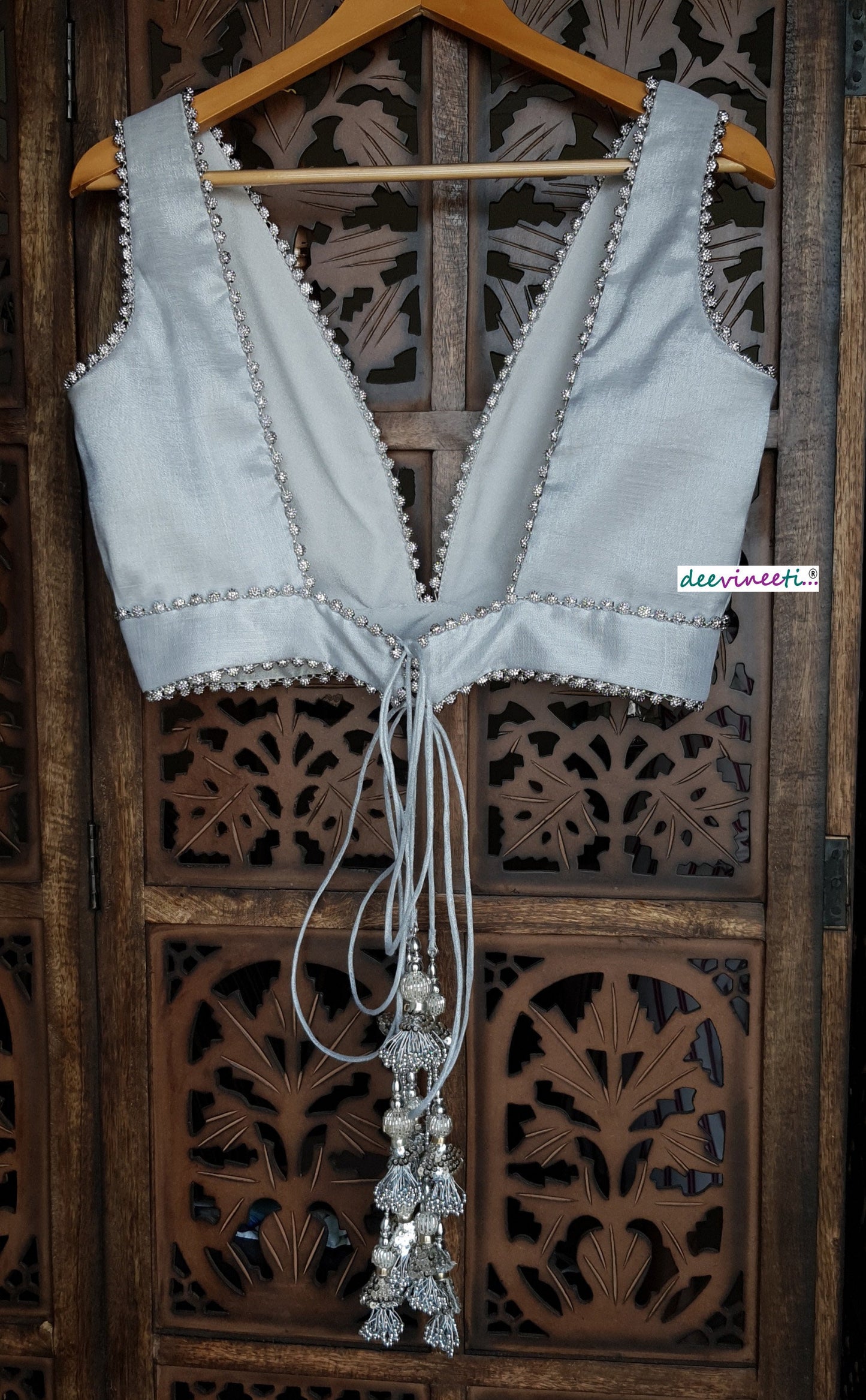 Silver Embellished Tissue Silk  Plunge Neckline Blouse DVBL_115