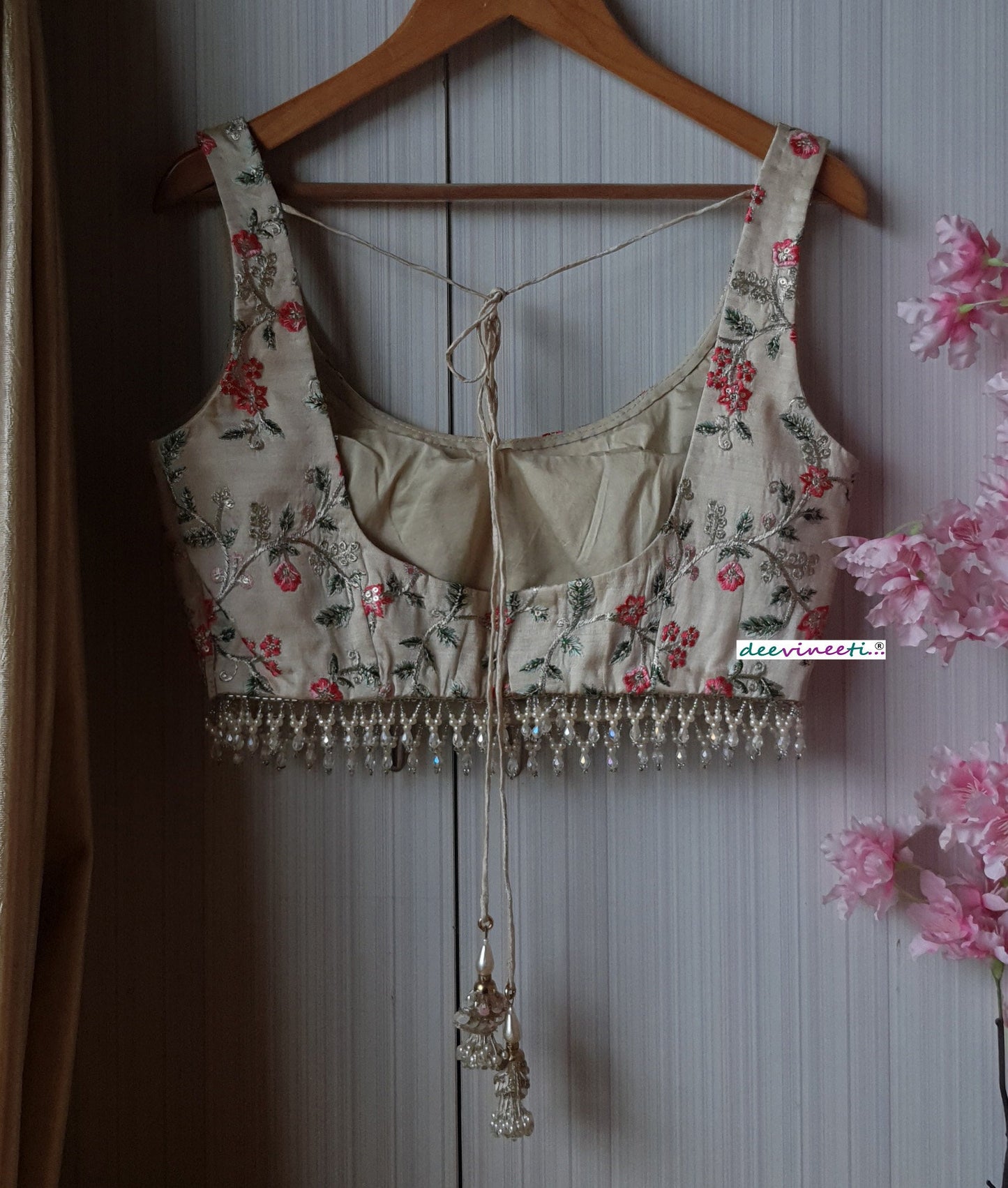Cream Embroidered Silk U Neck  Blouse DVBL_191