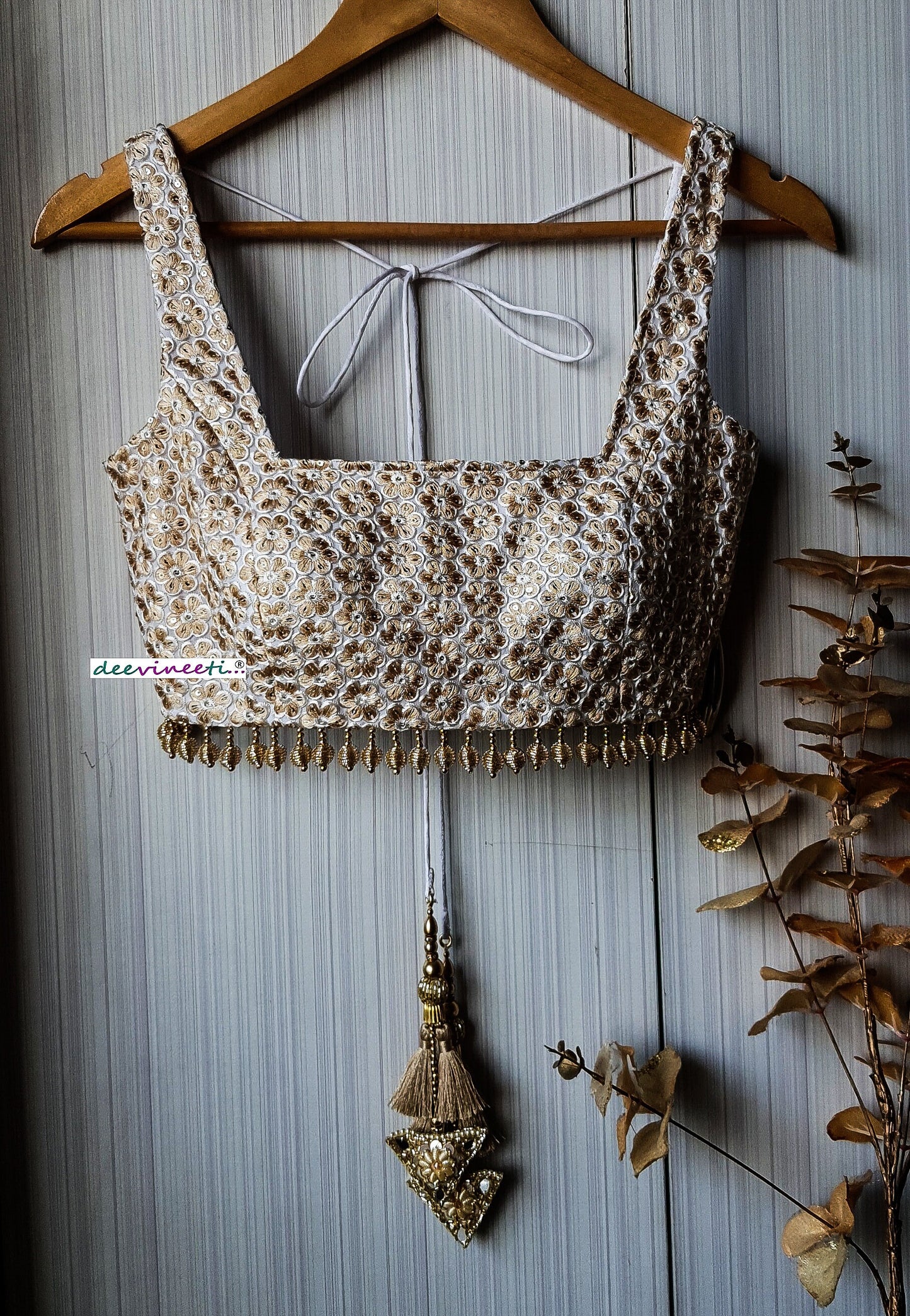 Embroidered White and Gold Square Neckline Blouse DVBL_238