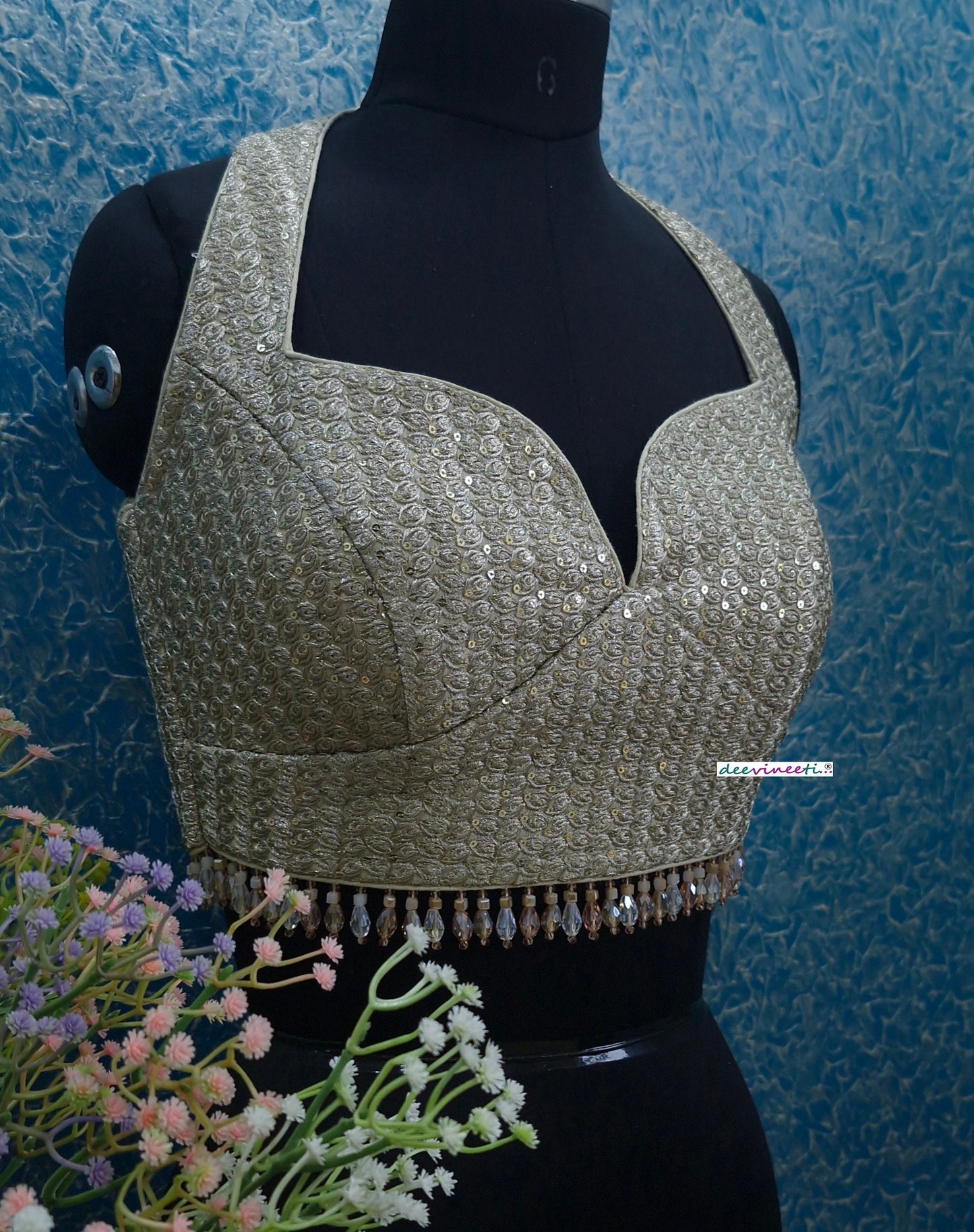 Light Gold Sequins Embroidered Halter Blouse DVBL_356