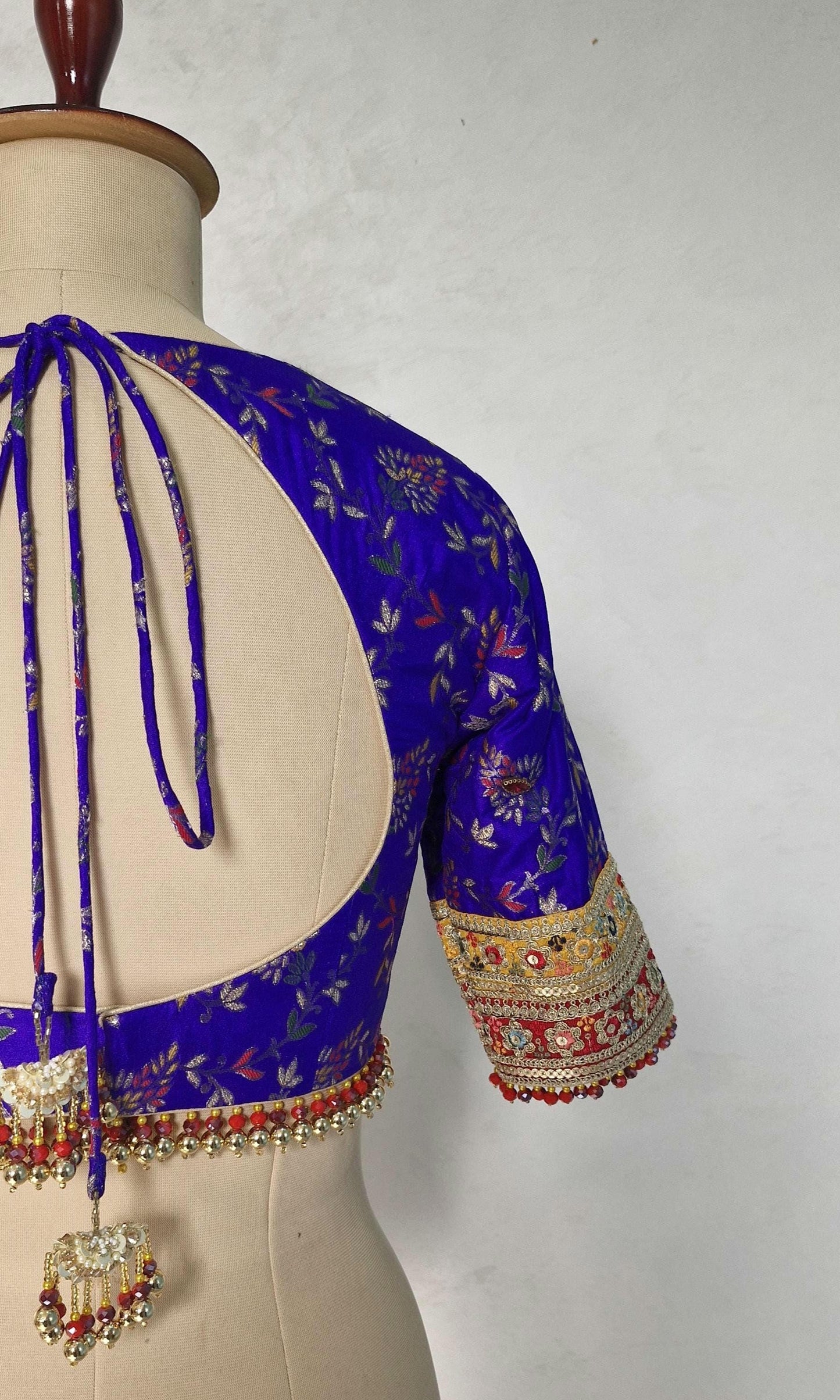 Blue Red Brocade Silk Sweetheart Neckline Blouse DVBL_448