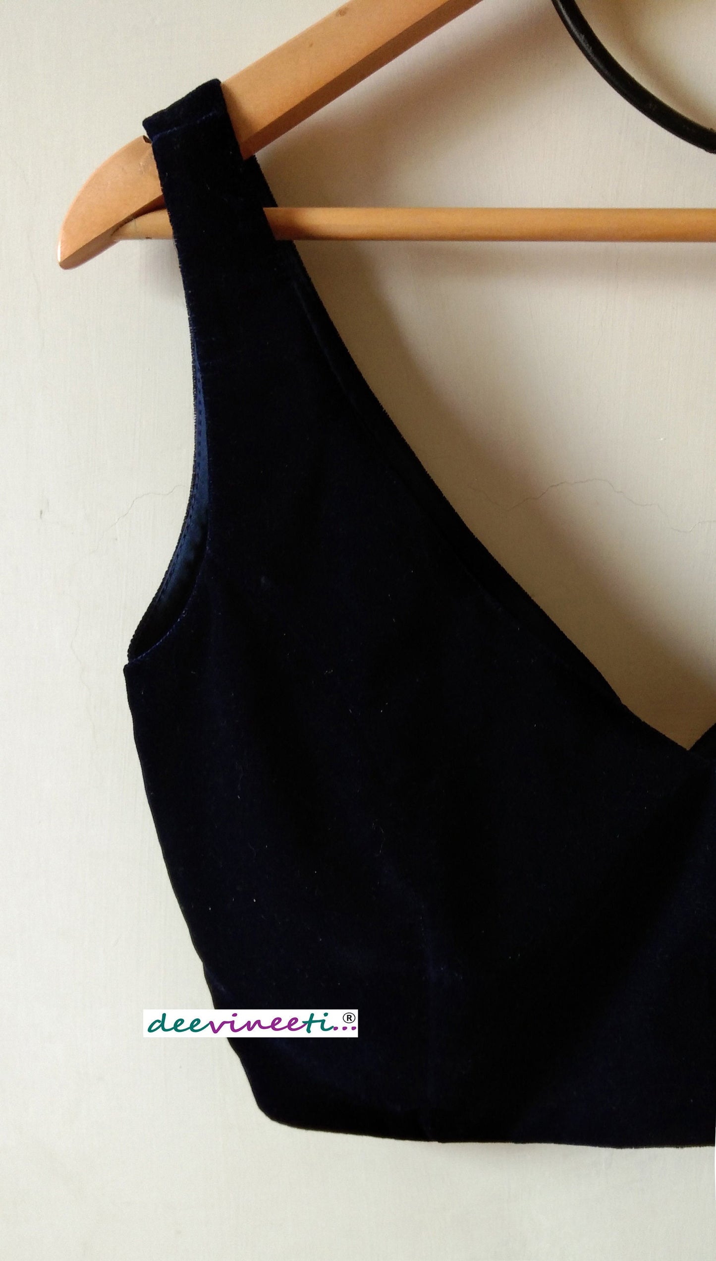 Velvet Deep Navy Blue Blouse Deep V Neck. DVBL_034