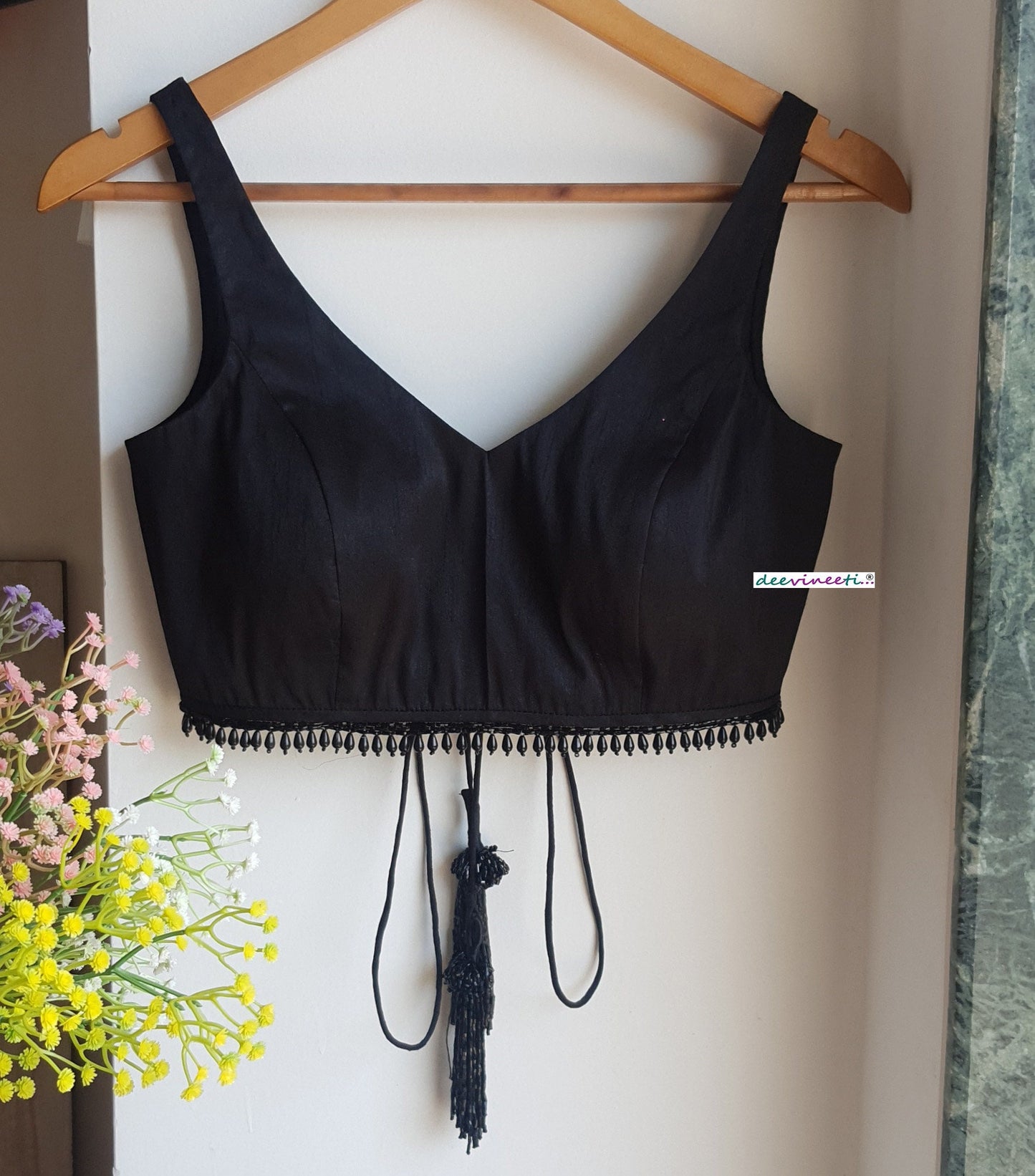 Designer Black Raw Silk Blouse Deep V Neck with Fringes DVBL_327