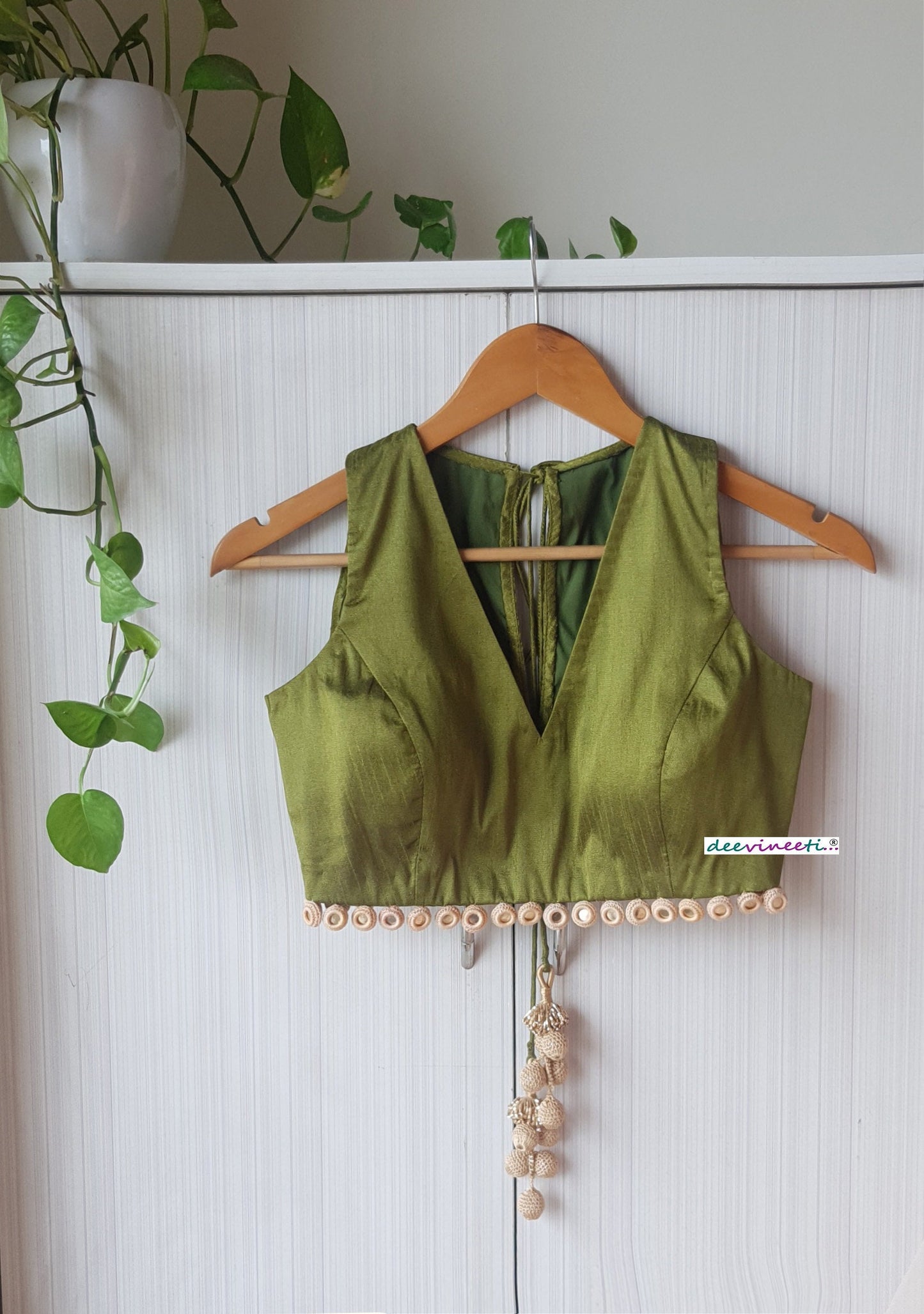 Raw Silk Deep V Neck Blouse with Mirror Fringe  DVBL_251