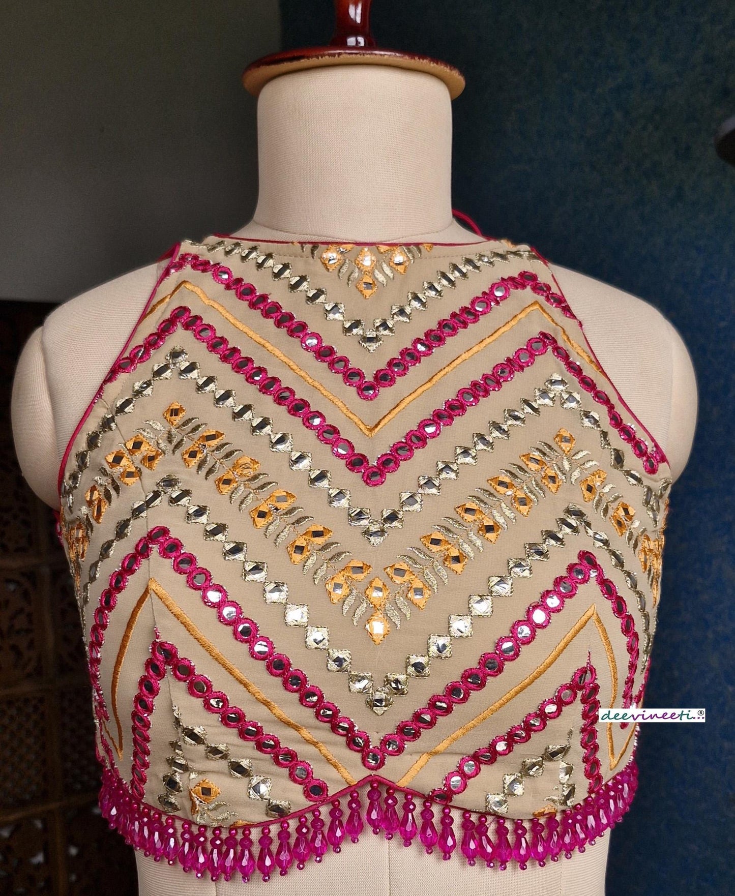 Beige Chevron Embroidered  Halter Neck Blouse DVBL_367