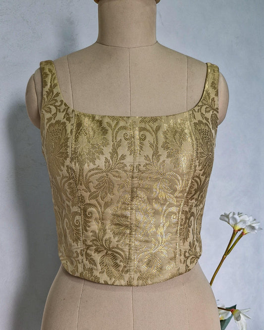 Beige Gold Brocade Silk Corset Blouse DVCB_001