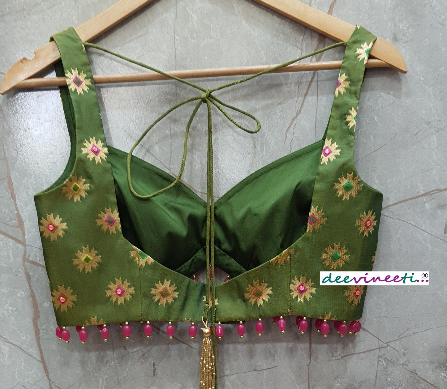 Green Brocade Silk Deep Sweetheart Neck Blouse DVBL_260