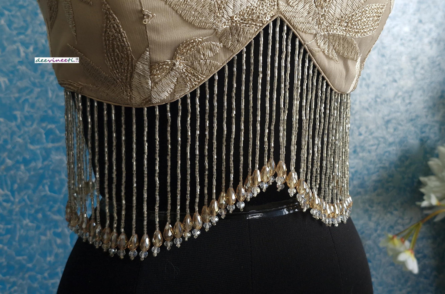 Beige Embroidered Net Spaghetti Blouse with Beads Fringes DVBL_389
