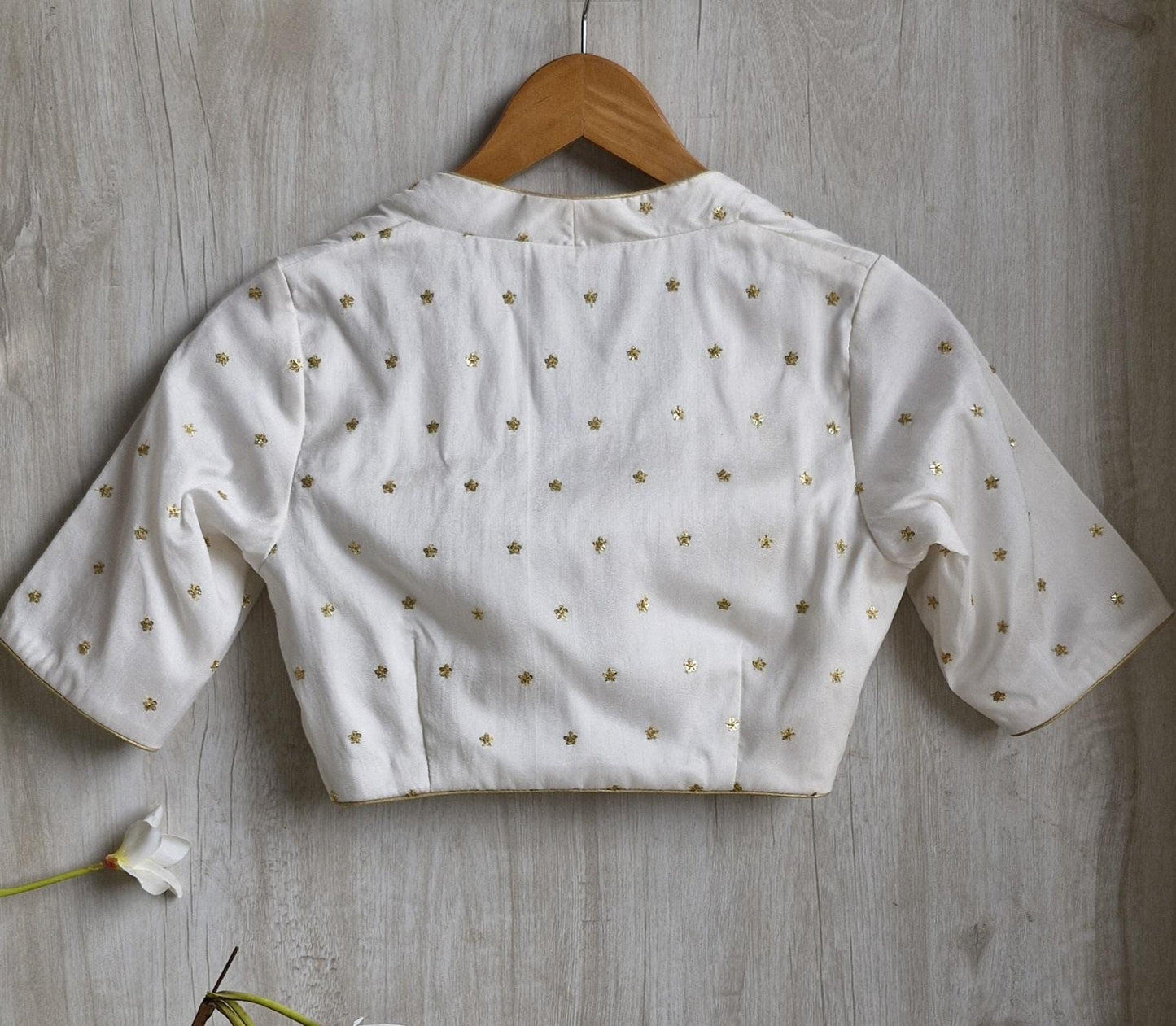 Embroidered Silk Ivory Deep V Neck Blouse DVBL_451