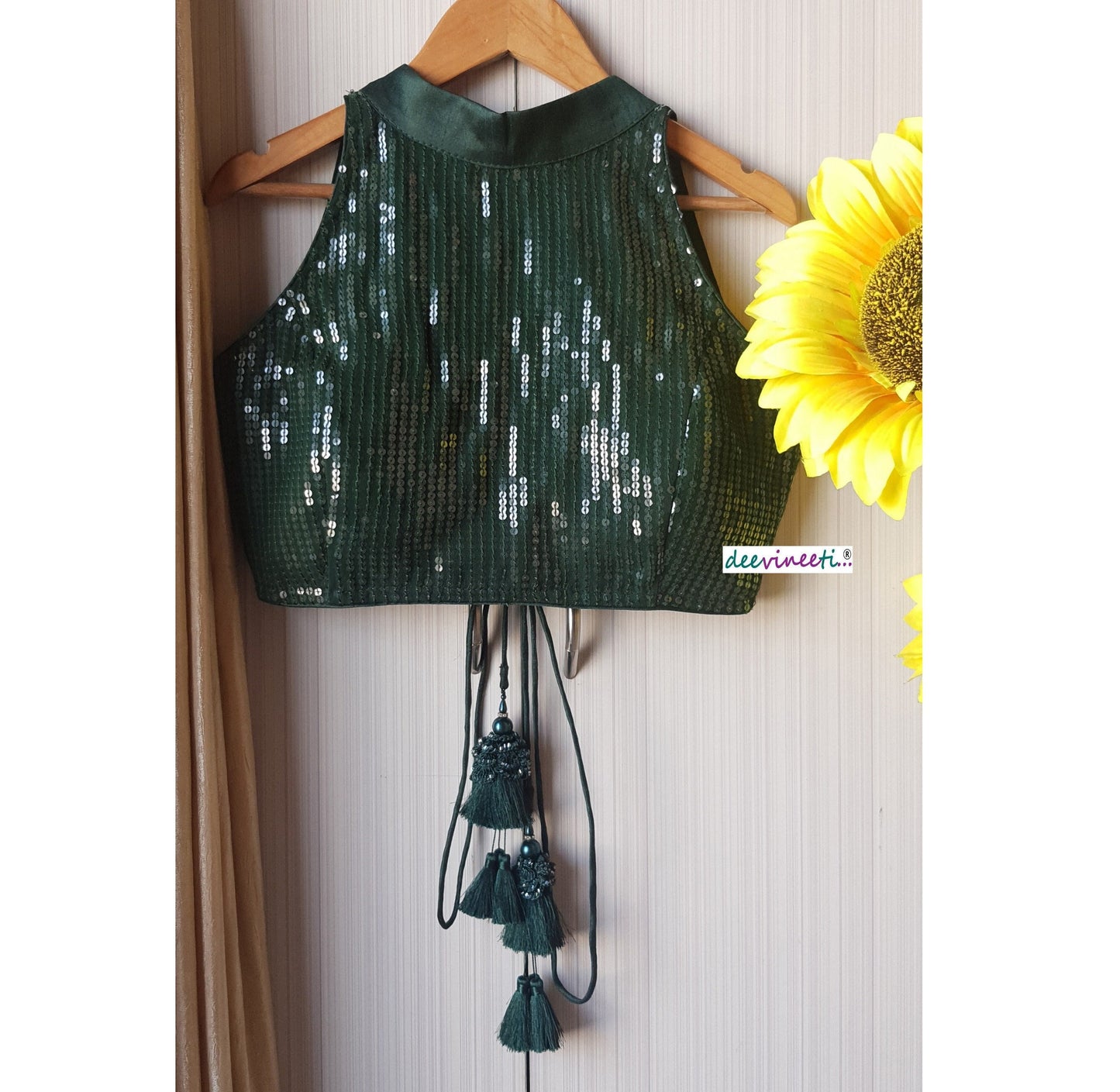 Designer Dark Green Sequins Georgette Blouse High Collar DVBL_149