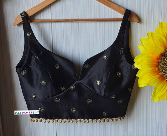Black Silk Embroidered Sweetheart Neck Blouse DVBL_091