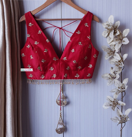 Red Embroidered Upada Silk Deep V Neck Blouse DVBL_170