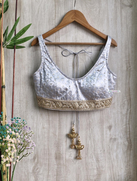 Grey Embroidered Gajji Silk V Neck Blouse DVBL_383