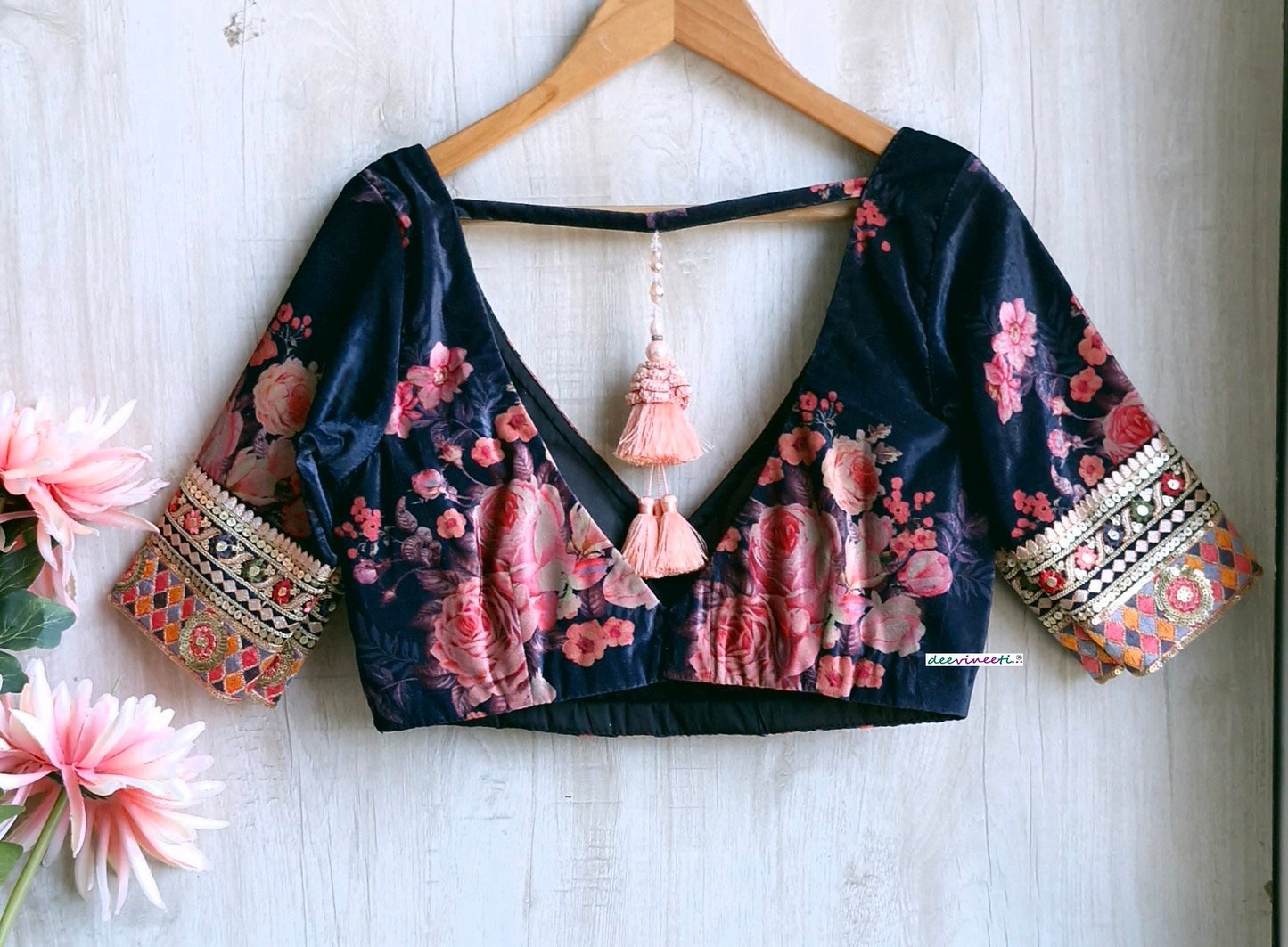 Deep Blue Floral Print Velvet V Neck Blouse DVBL_348.