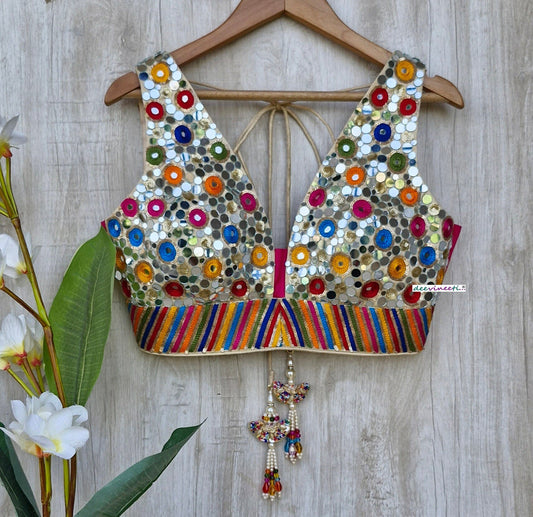 Multicolor Real Mirror Hand Embroidered Plunge Neckline Blouse DVBL_357