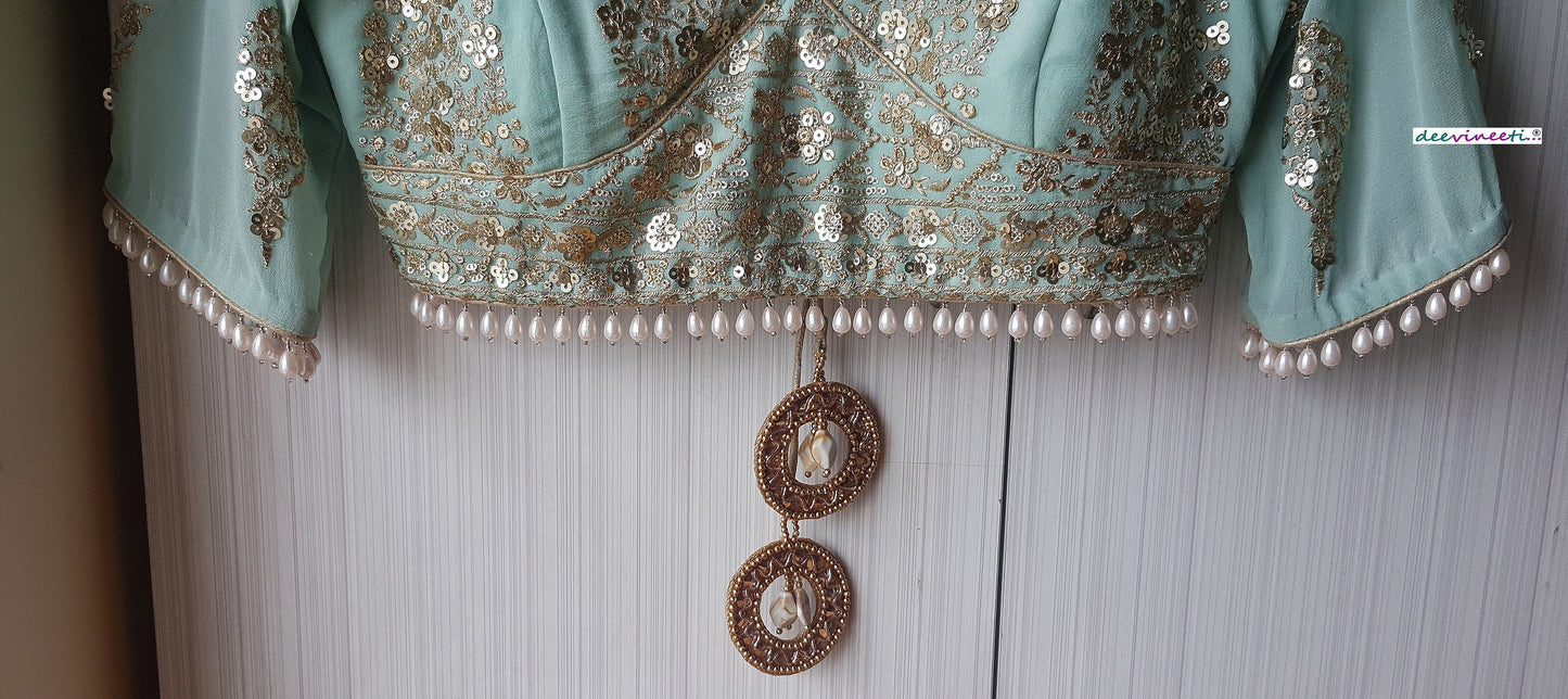 Sea Green Embroidered Sweetheart Neck Blouse DVBL_258