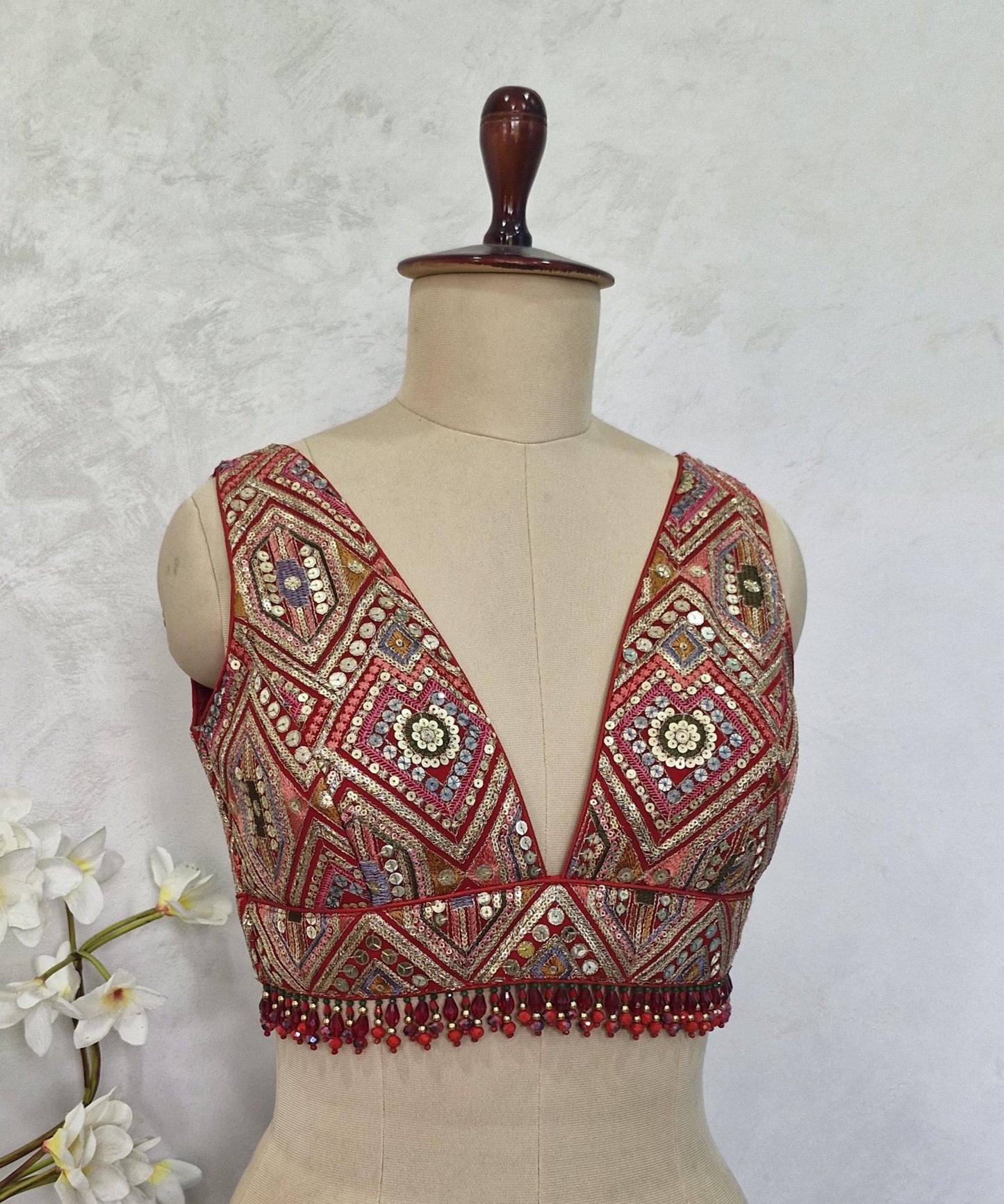 Red Embroidered Plunge Neckline DVBL_413