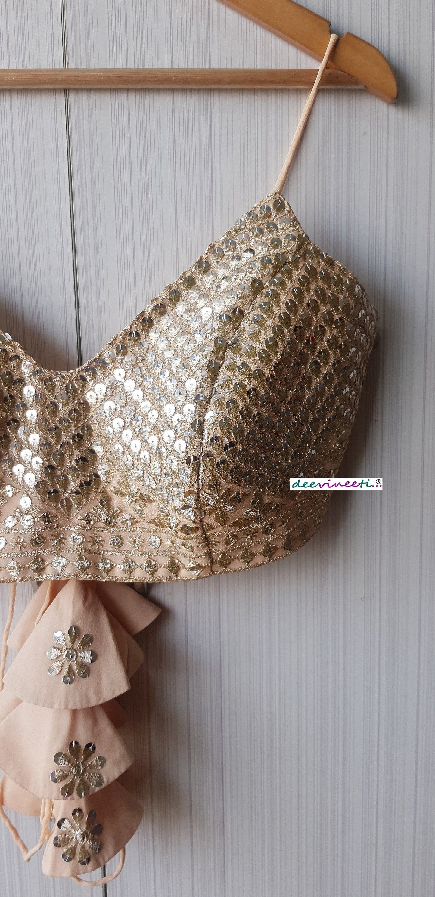 Peach and Gold Embroidered Spaghetti Blouse DVBL_284