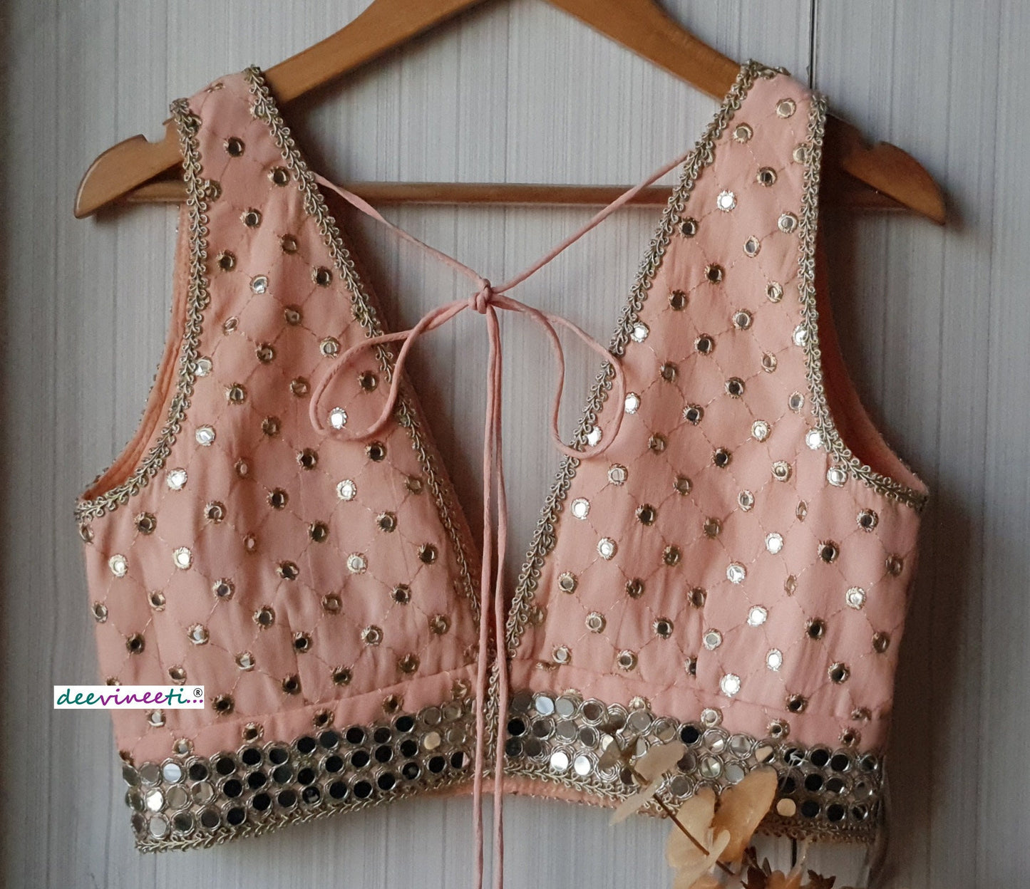 Faux Mirror  Embroidered Peach Plunge Neckline Blouse  DVBL_162