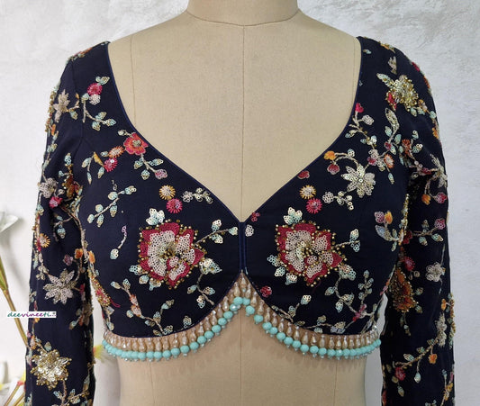 Deep Blue Embroidered Semi Sweetheart Neck Blouse DVBL_401