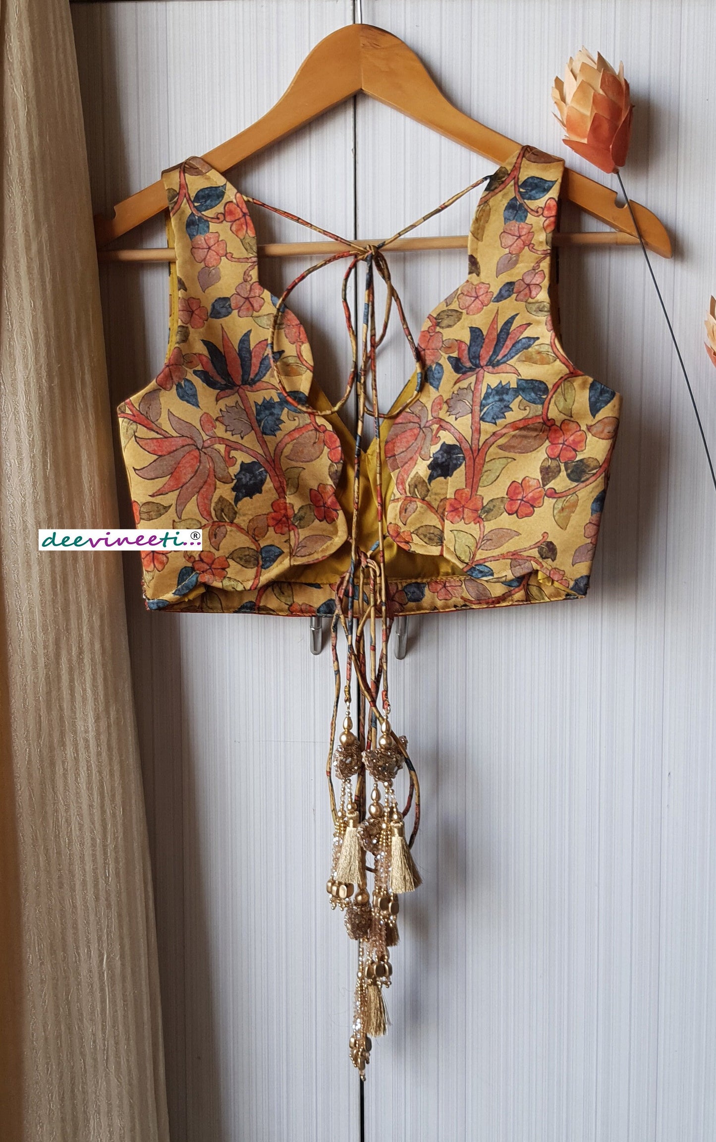 Medallion Yellow Printed  Scallop Neck Blouse DVBL_241