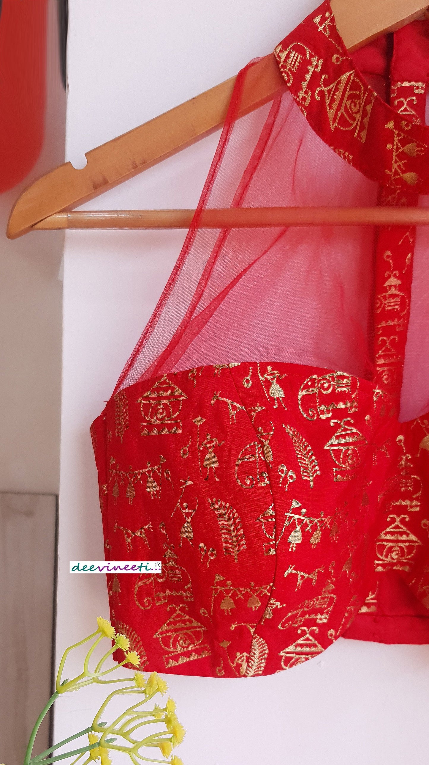 Red Brocade Silk and Net Halter Blouse DVBL_296