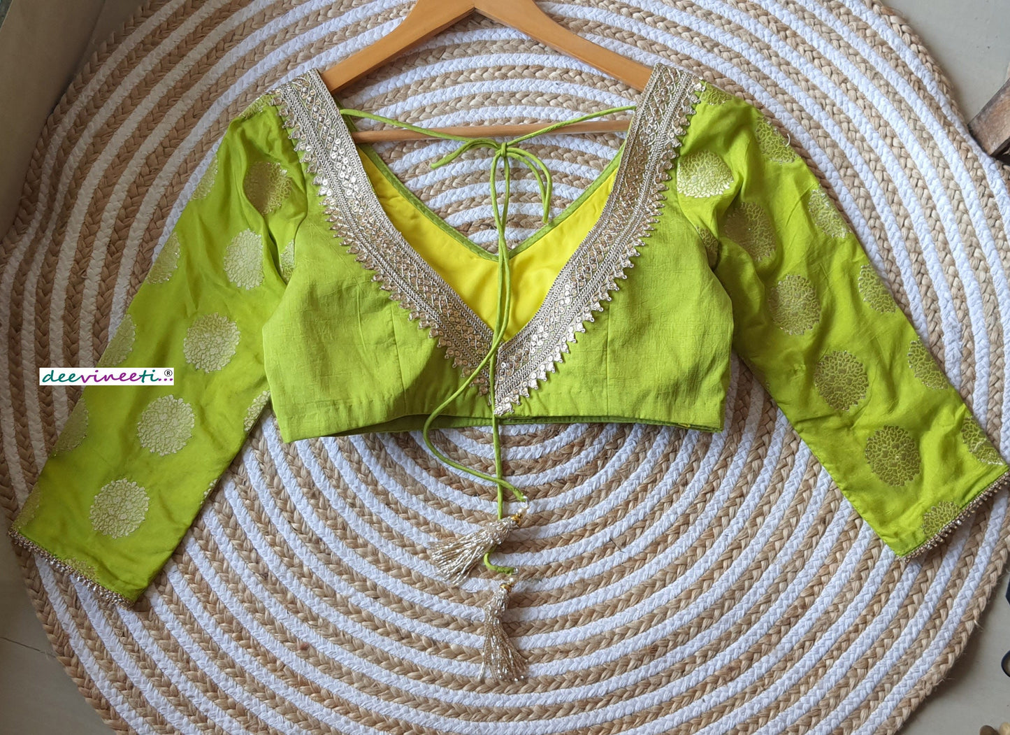 Lime Green Raw Silk Three Fourth Sleeves Blouse DVBL_134