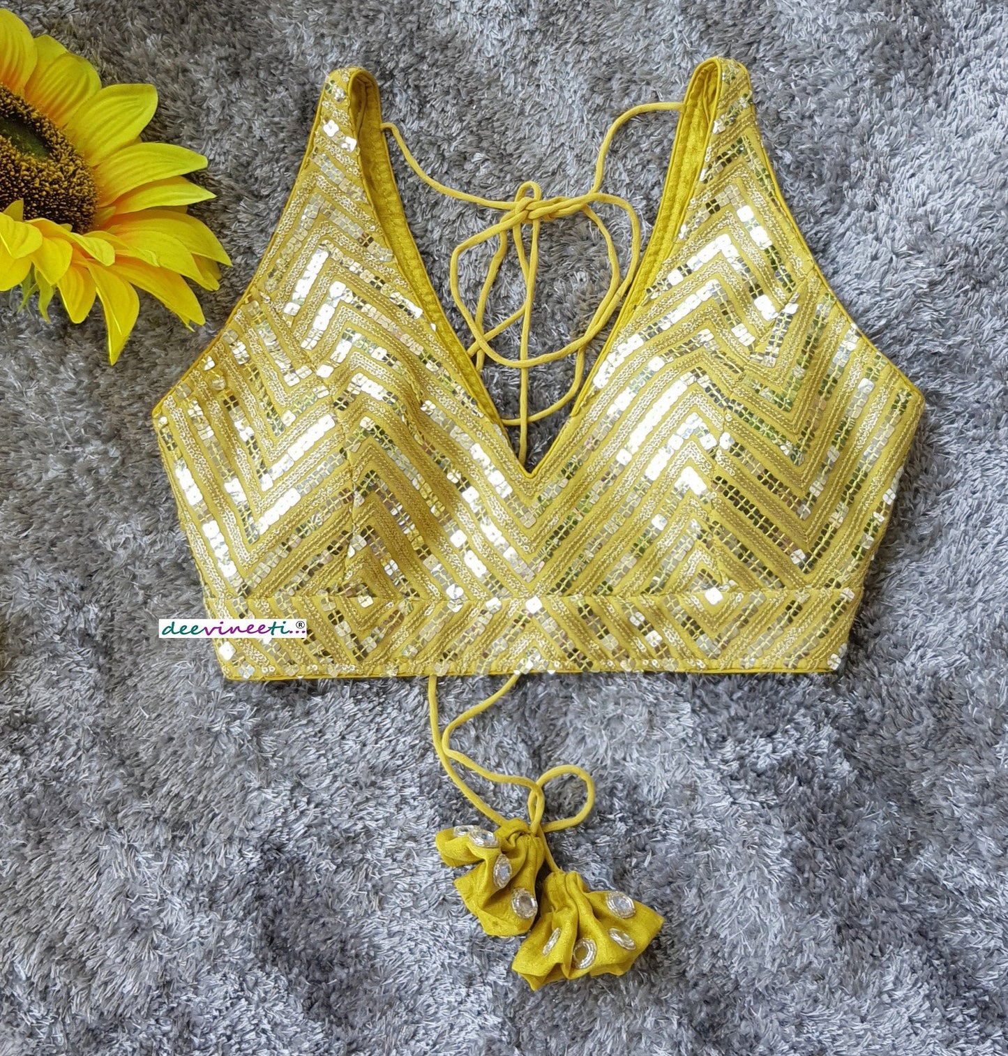 Yellow Sequins Embroidered Blouse Deep V Neck Blouse DVBL_217
