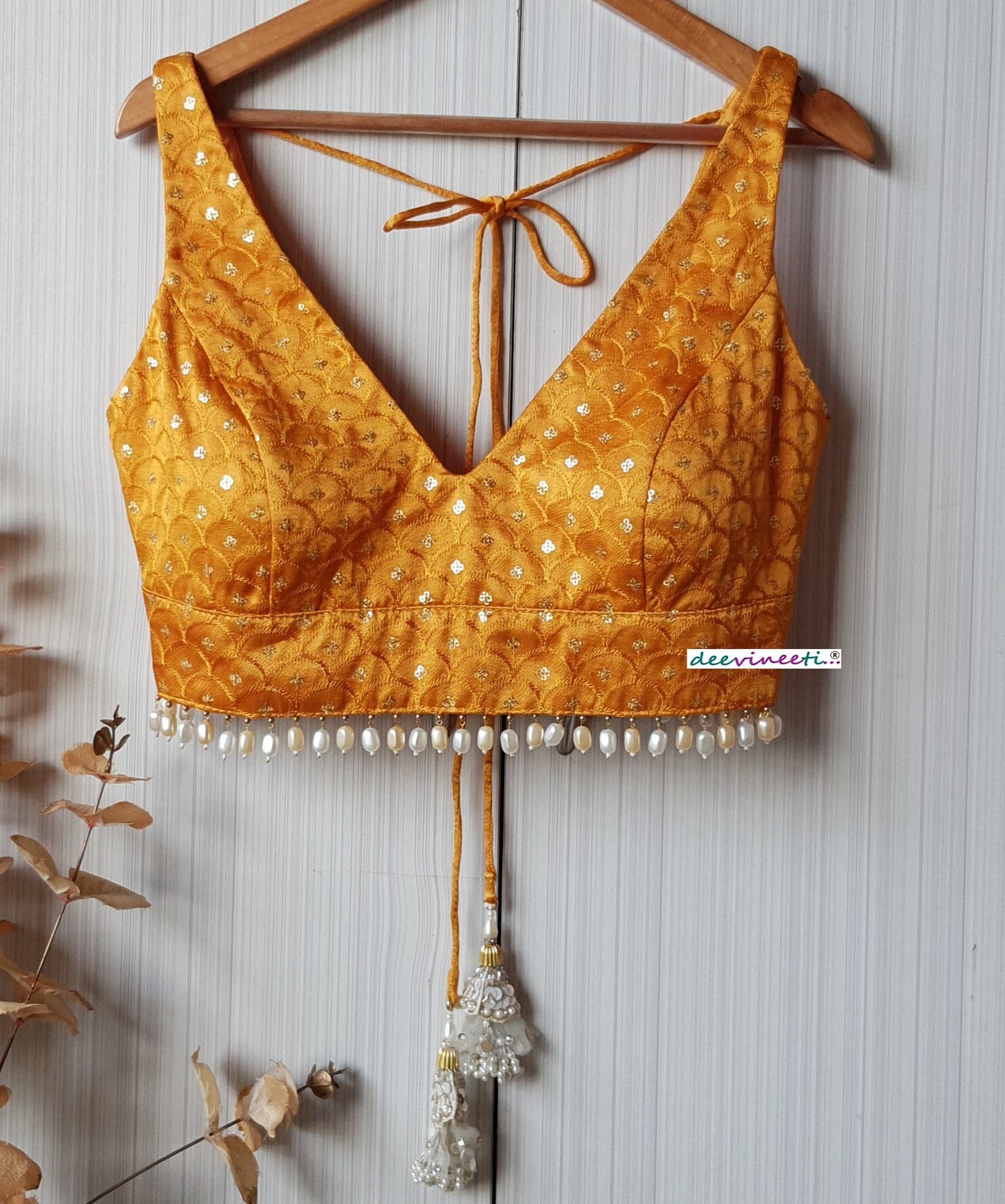 Mustard Embroidered Gajji Silk Deep V Neck Blouse DVBL_209