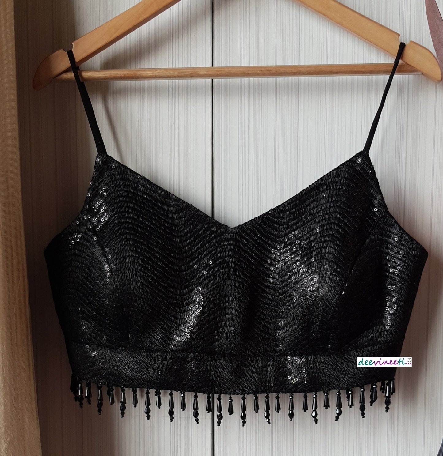 Black Sequins Embroidered Spaghetti Blouse DVBL_179