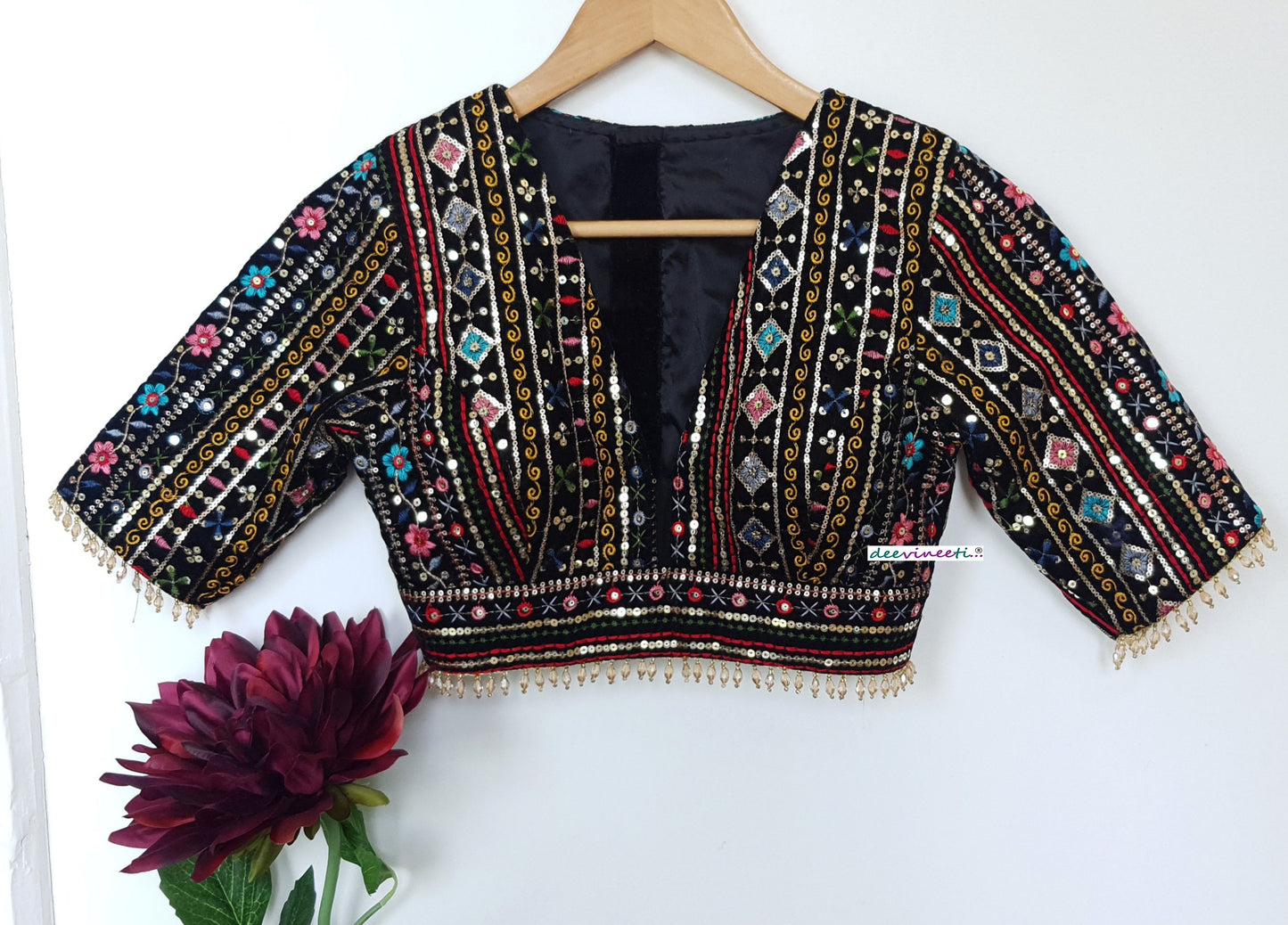 Black Embroidered Velvet Plunge Neckline Blouse DVBL_294
