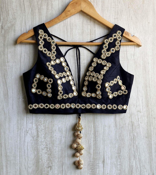 Black Raw Silk Mirror Embroidered Plunge Neckline Blouse DVBL_459