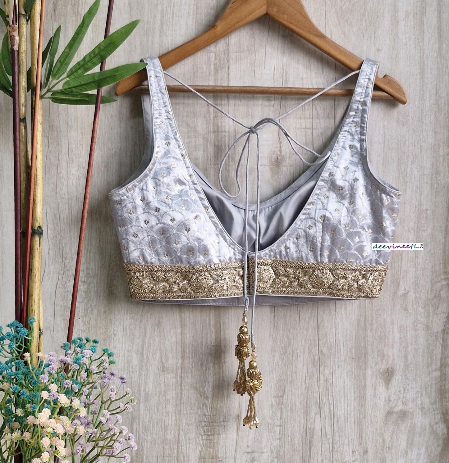 Grey Embroidered Gajji Silk V Neck Blouse DVBL_383