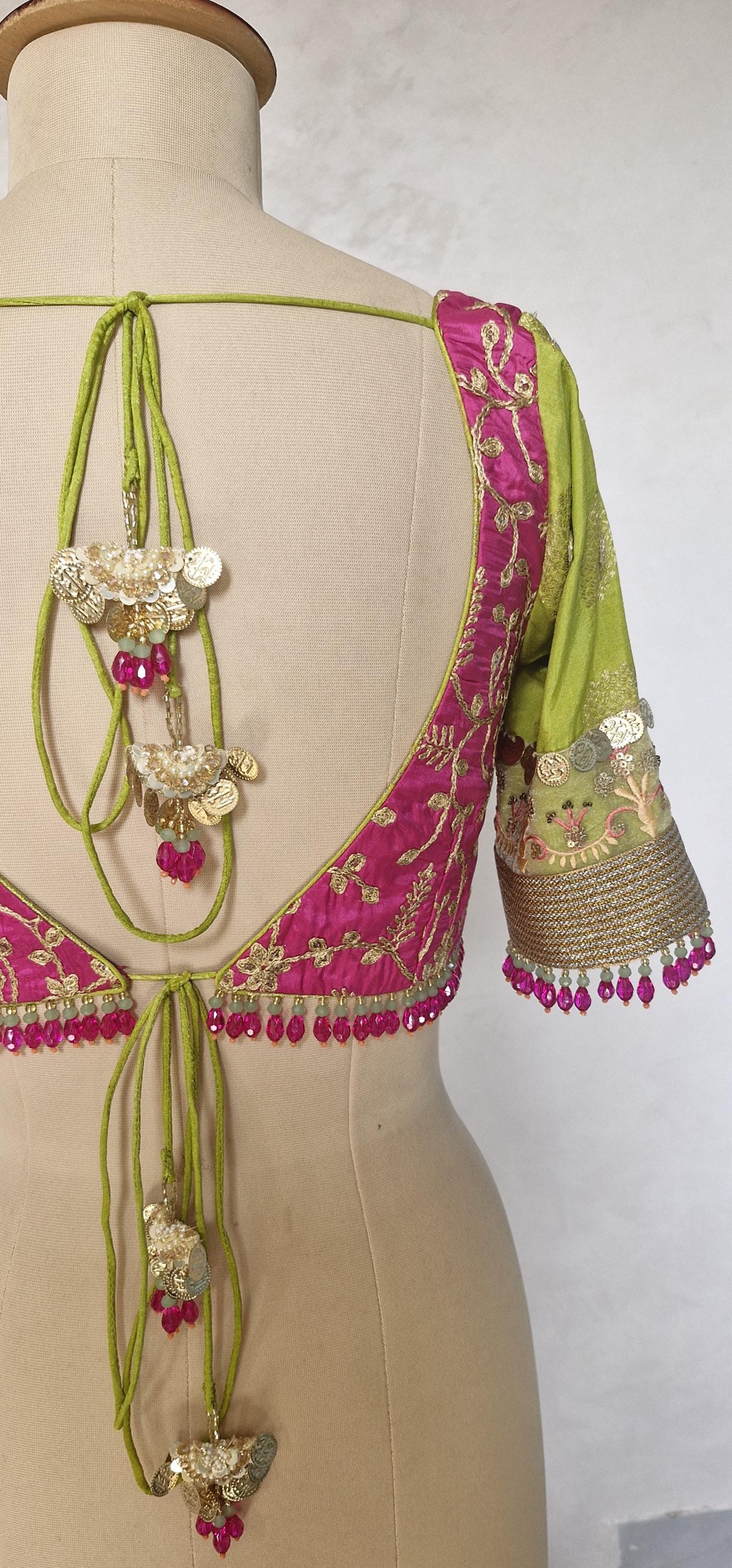 Embroidered Silk Pink and Lime Green Blouse DVBL_455