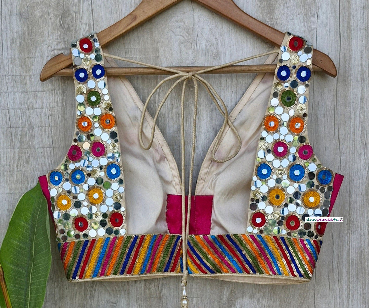 Multicolor Real Mirror Hand Embroidered Plunge Neckline Blouse DVBL_357